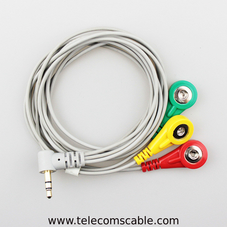Audio Plug To 3 Snap Electrode Lead Wire , Conductive ECG Electrode Cable